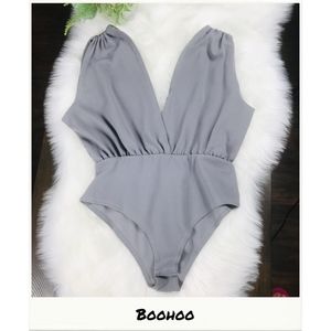 Boohoo | Gray Textured Deep Plunge Wrap Bodysuit
